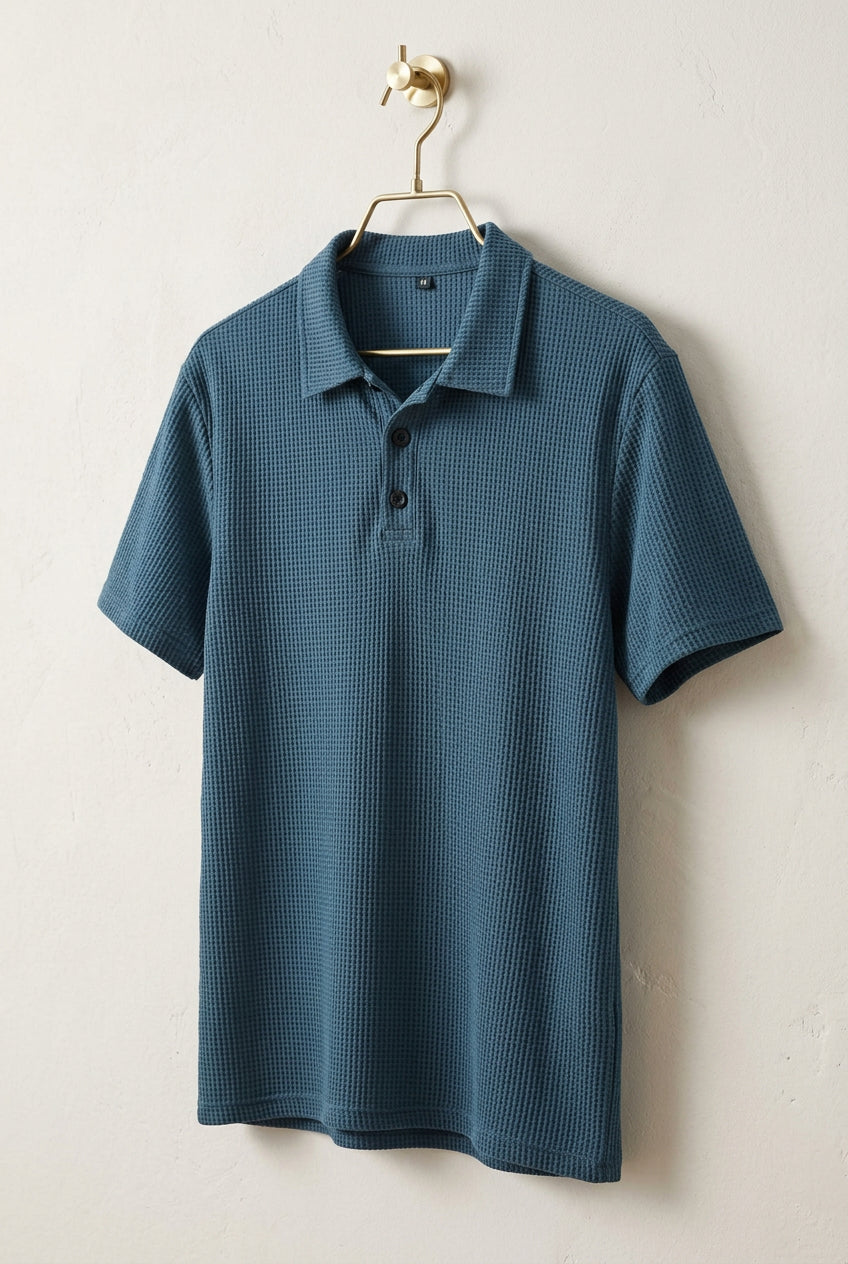 Everyday Polo in denim blue, front view