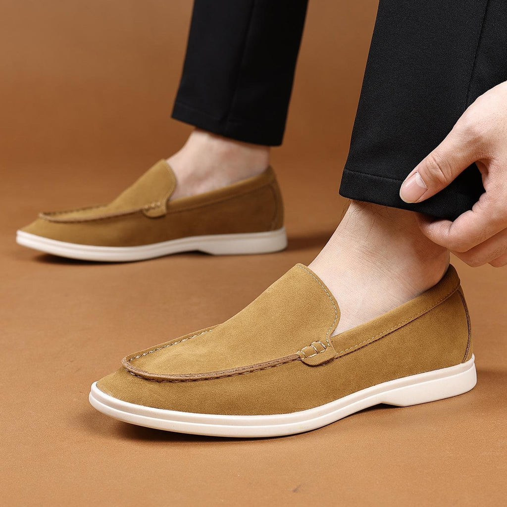 Suede-look loafer in khaki, worn