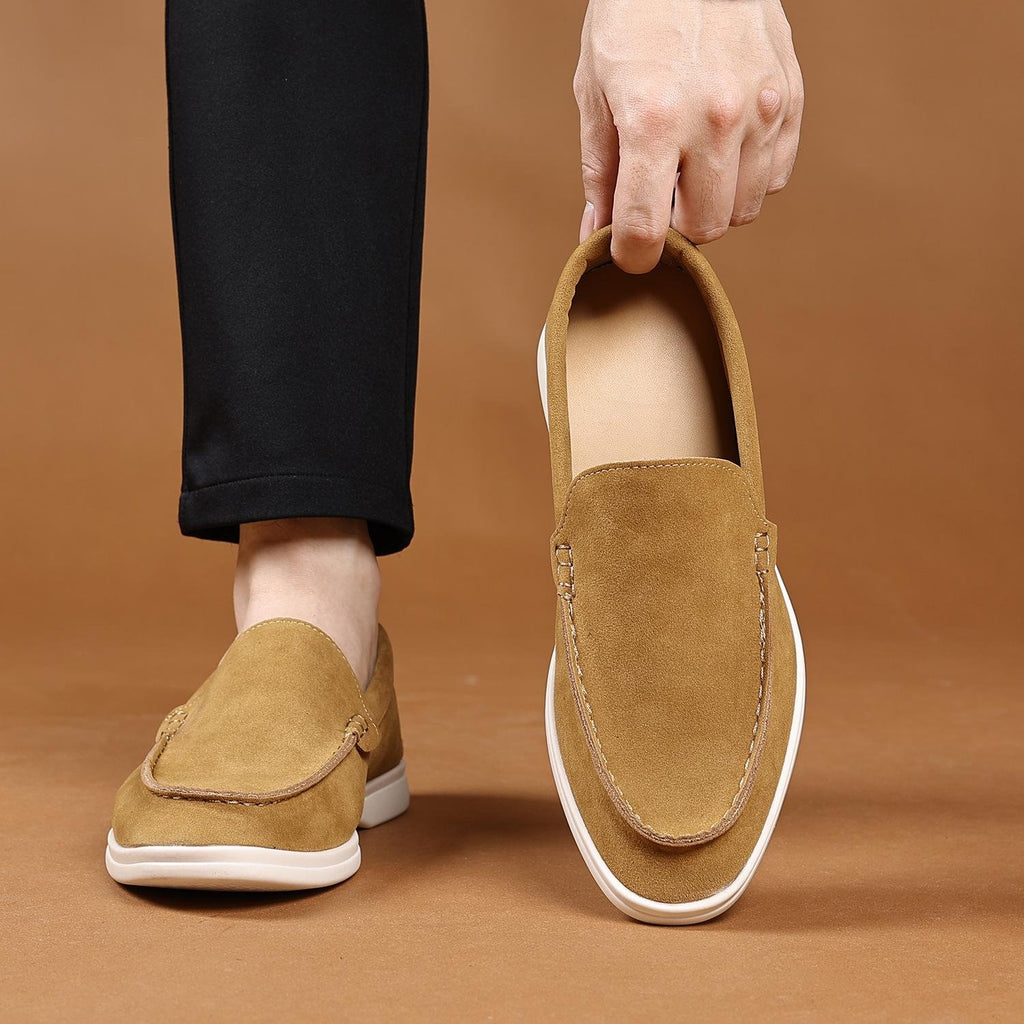 Suede-look loafer in khaki, worn