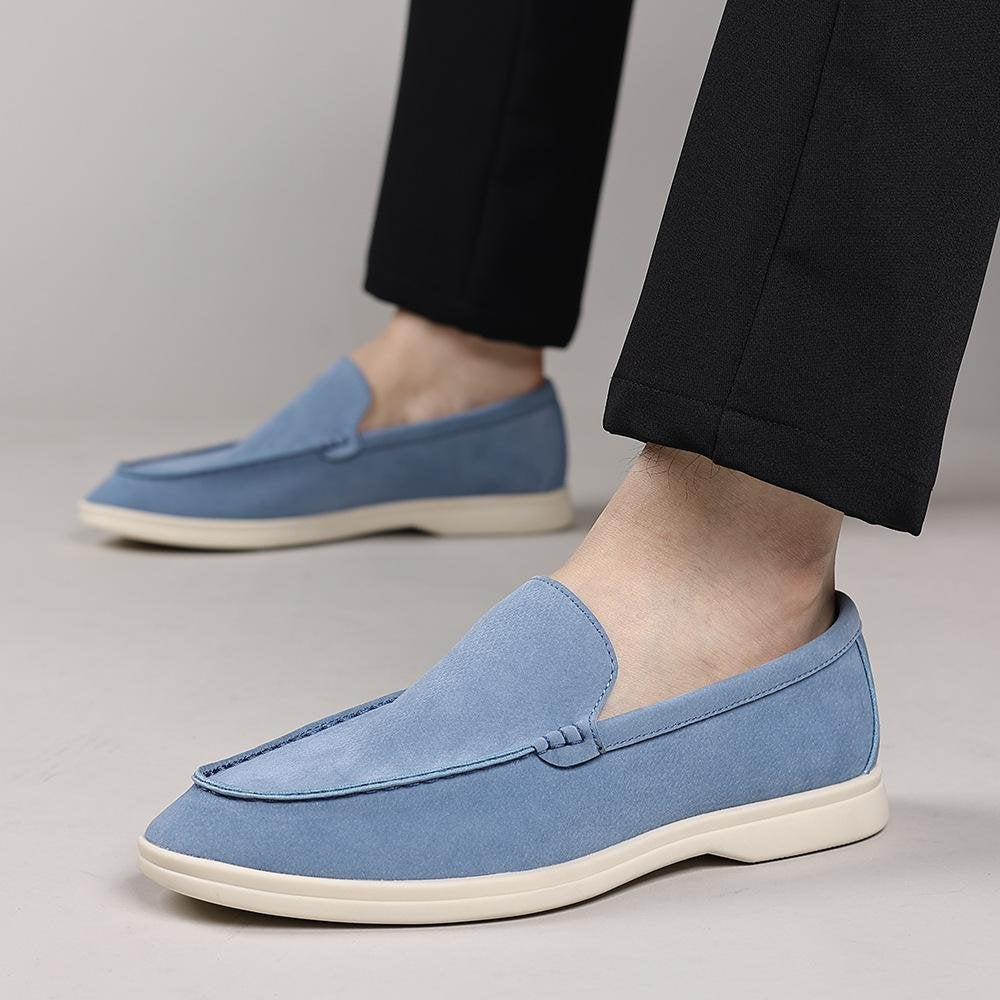 Suede-look loafer in sky blue, worn